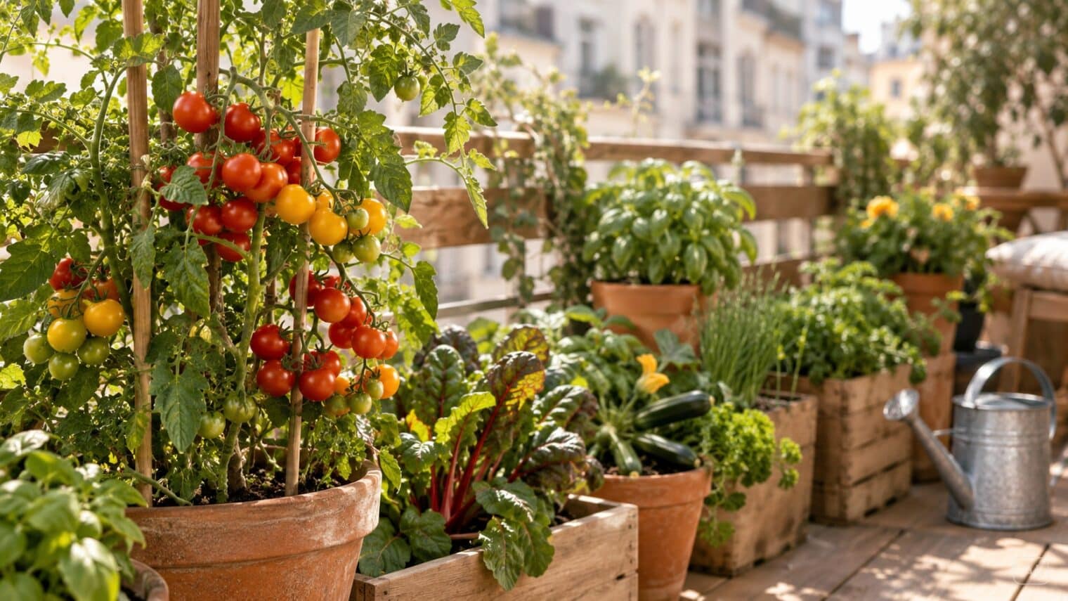 Balkon mit Tomatenpflanzen, Mangold, Zucchini und Kräutern in Terrakottatöpfen und Holzkisten (KI-generiertes Bild)