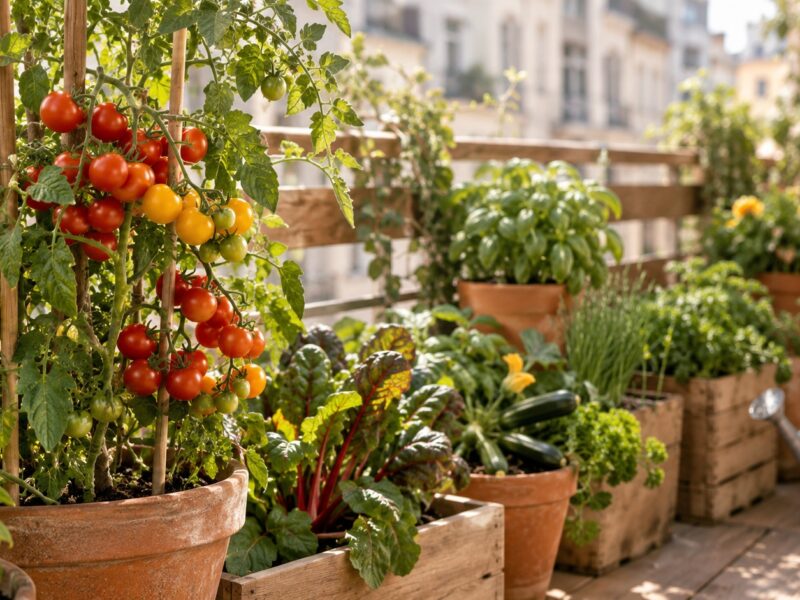 Balkon mit Tomatenpflanzen, Mangold, Zucchini und Kräutern in Terrakottatöpfen und Holzkisten (KI-generiertes Bild)